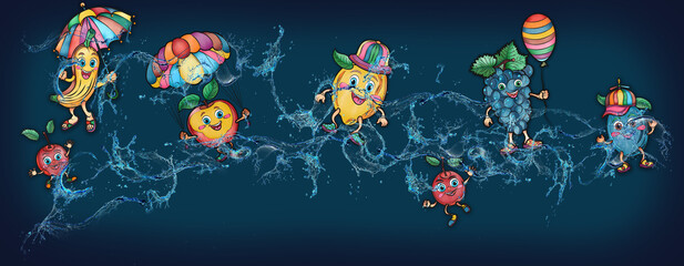 Cartoon cute fruits in water, banner, poster grapes, lemon, banana, cherry, plum, orange