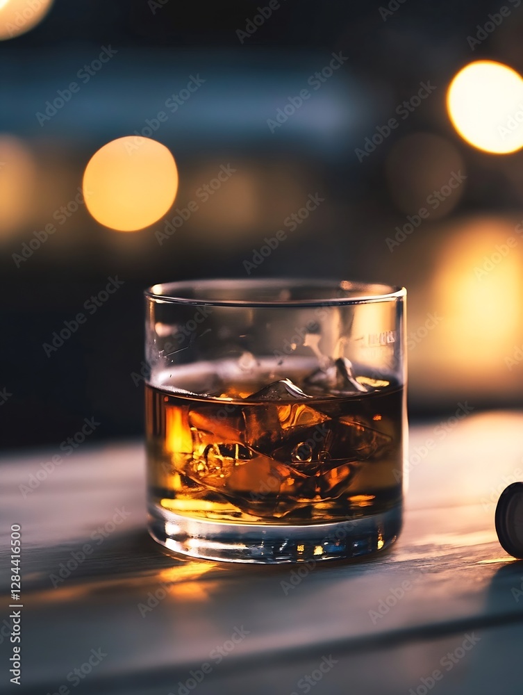 Aufkleber Glass of whiskey on a wooden surface with ice and a bokeh background creating a cozy atmosphere : Generative AI