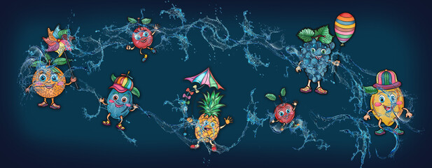 Cartoon cute fruits in water, banner, poster grapes, lemon, orange, pineapple, cherry
