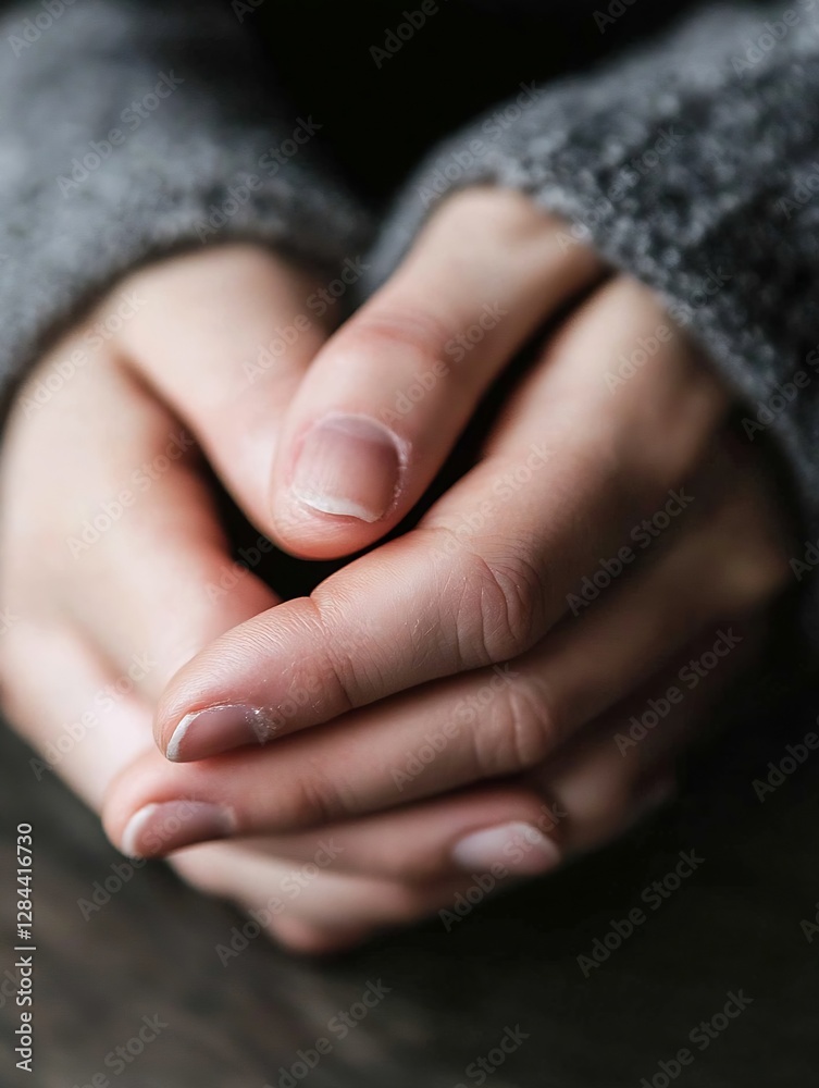 Poster Artistic closeup of a person's hands resting together in a calm and contemplative gesture : Generative AI
