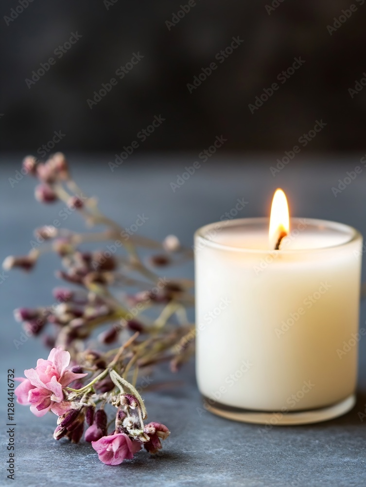 Poster Stylish candle burning next to delicate flowers creating a soothing and calming atmosphere for relaxation : Generative AI