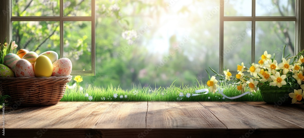 Aufkleber Easter background with an empty wooden tabletop, window view of grass and daffodils in the garden, colorful eggs in a basket on the left side, sunlight, and a spring mood.