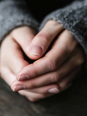 Artistic closeup of a person's hands resting together in a calm and contemplative gesture : Generative AI