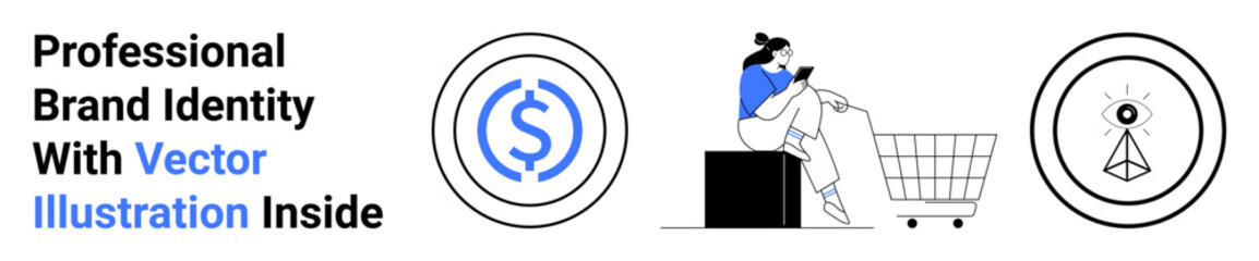 Woman seated with smartphone near shopping cart, flanked by dollar and navigation icons. Ideal for e-commerce, branding, business solutions, financial apps, navigation tools, digital marketing, flat