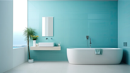 Fototapeta premium Minimalist bathroom interior in white and turquoise