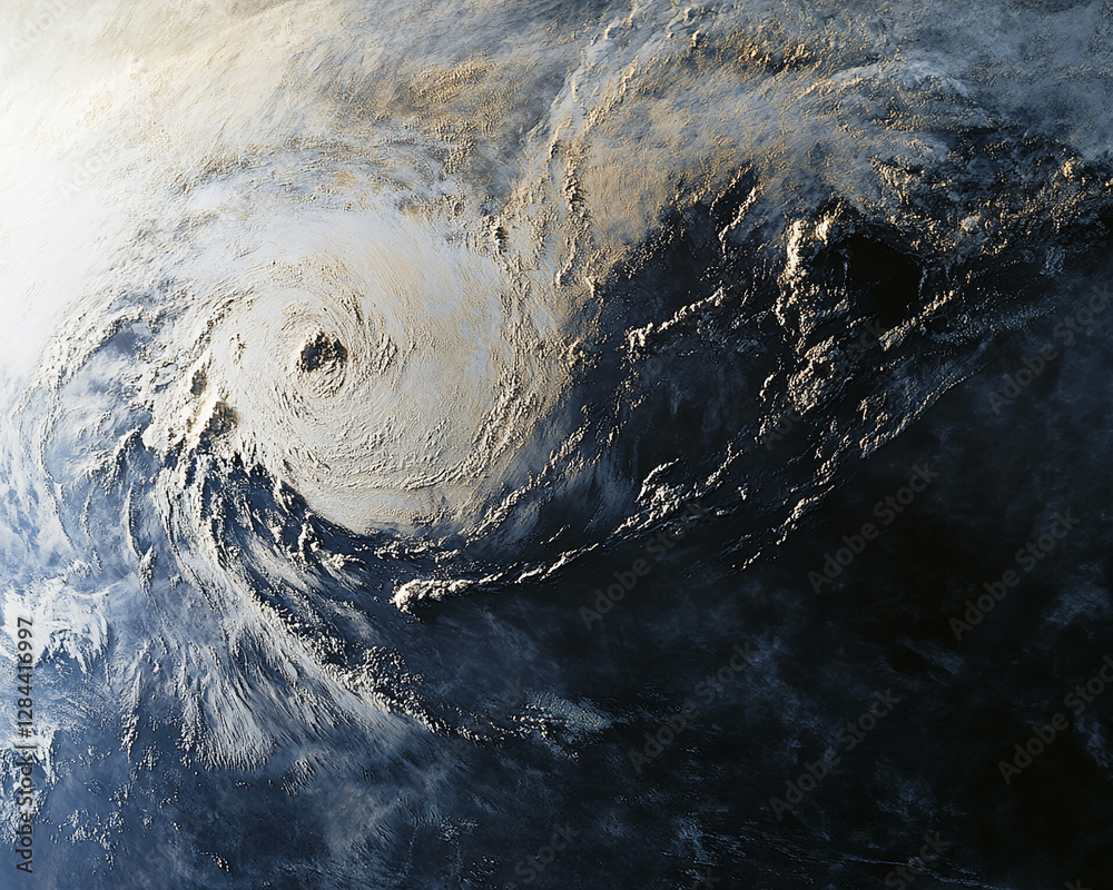 Poster aerial view of a powerful hurricane storm swirling over the ocean with a visible eye at the center, 