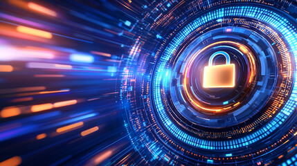 Futuristic design showcases a glowing padlock at the center, surrounded by vibrant blue and orange light trails, symbolizing digital security and data protection