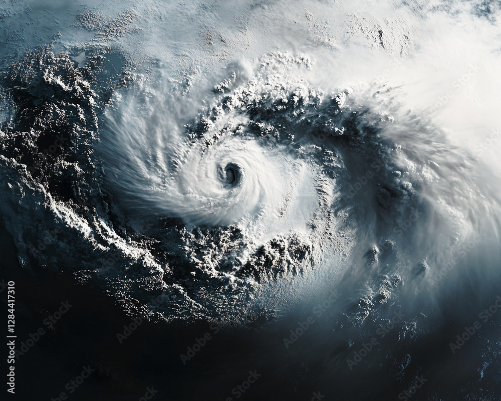 Poster aerial view of a massive storm system forming over the ocean with a powerful swirling vortex at the 