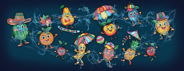 Cartoon cute fruits in water, banner, poster grapes, orange, cherry, lemon, watermelon