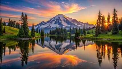 Tipsoo lake on sunset with a reflection of mt. Rainier, Washington
