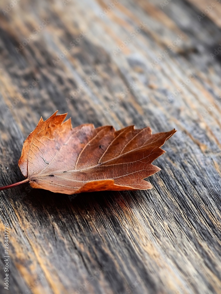 Poster closeup of a single dry maple leaf on a wooden surface with natural light highlighting details : gen