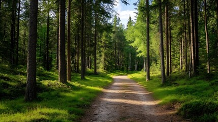 Obraz premium Serene forest pathway surrounded by tall trees and lush greenery on a sunny day : Generative AI