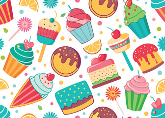 Colorful Summer Dessert Seamless Vector, Cakes, Ice Cream & Sweet Treats Pattern on White Background, Colorful Sweets Pattern, Retro Summer Dessert Vector Design. Sweet Summer Vector. Summer  Seamless