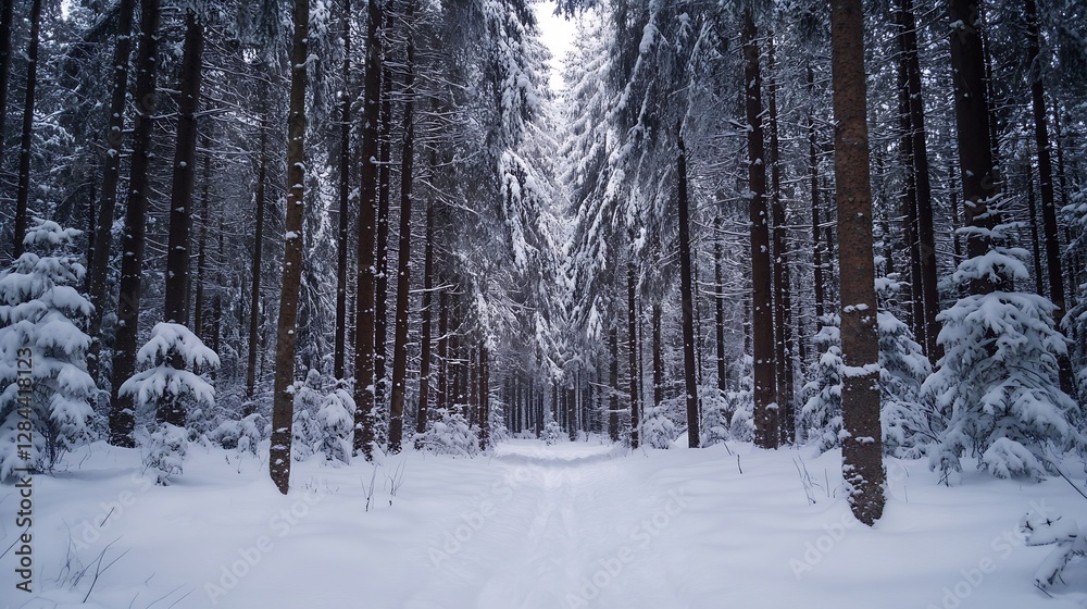 Aufkleber Snowy forest path through tall pine trees covered in winter snow : Generative AI