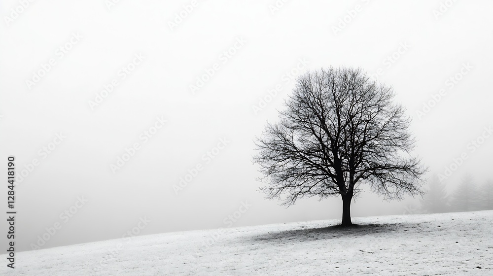 Poster Stunning view of a solitary tree in a snowy landscape surrounded by misty fog creating an atmospheric winter scene : Generative AI