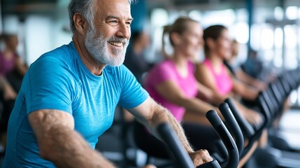 Fototapeta premium Active and Joyful Senior Man Smiling While Exercising in a Modern Gym Environment : Generative AI