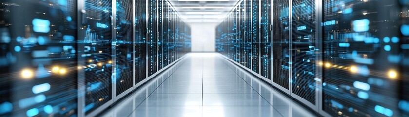 A futuristic data center corridor featuring rows of illuminated server racks, emphasizing technology and connectivity.
