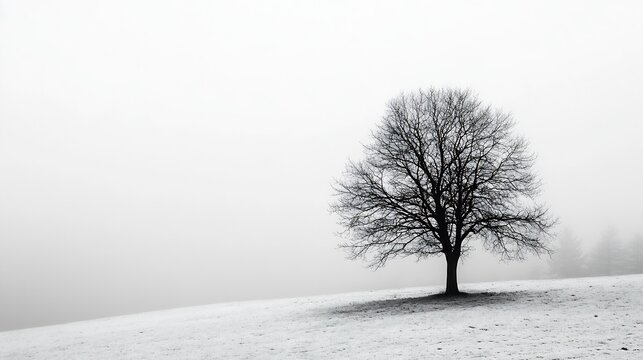 Stunning view of a solitary tree in a snowy landscape surrounded by misty fog creating an atmospheric winter scene : Generative AI