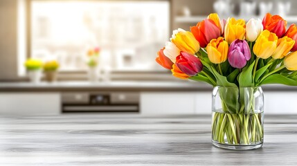 Colorful Tulip Bouquet in a Glass Vase on a Modern Kitchen Countertop with Soft Lighting