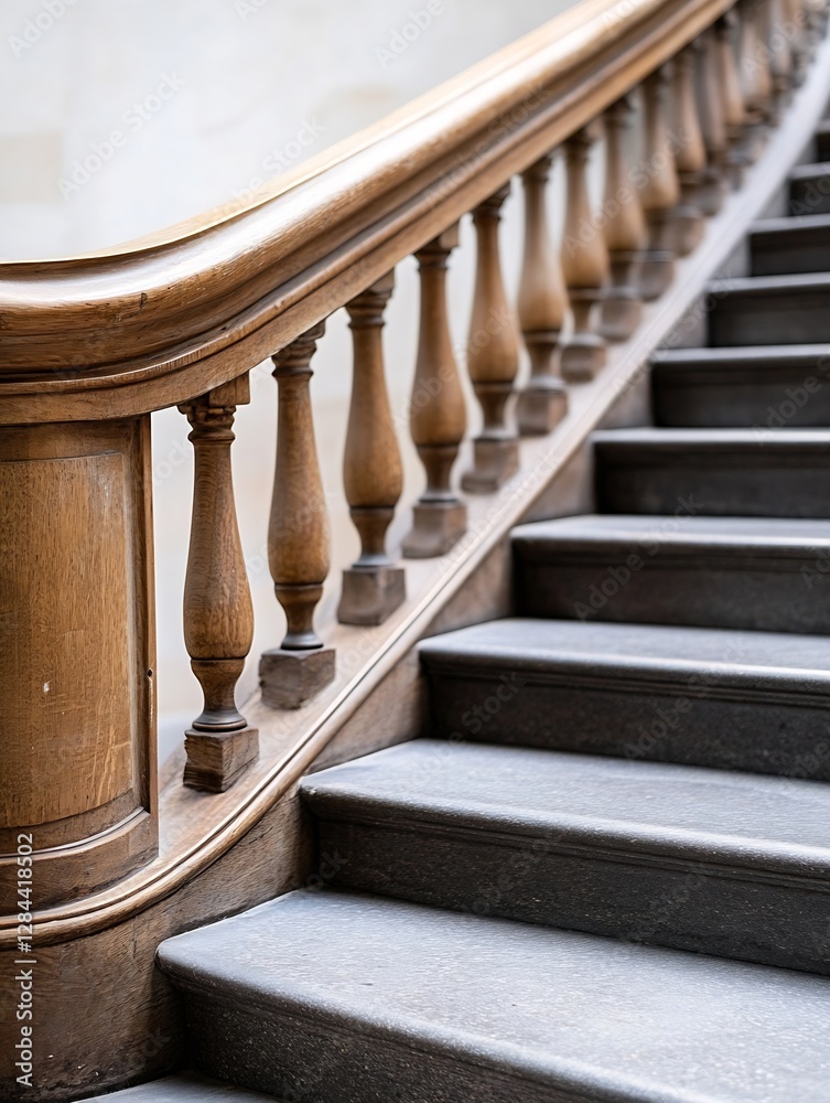 Poster elegant wooden staircase with intricate banister in a classic architectural setting : generative ai