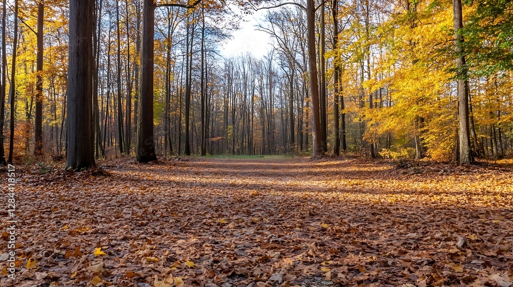 Aufkleber tranquil autumn scenery with golden leaves under tall trees in a peaceful forest environment : gener
