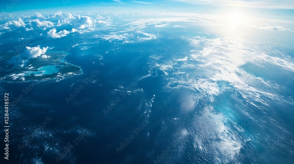 Poster Aerial View of a Vast Ocean Under a Bright Sky Filled with Fluffy Clouds and Soft Sunlight : Generative AI