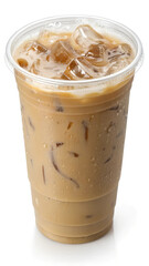 Iced cold coffee latte in plastic cup isolated on transparent and white background.