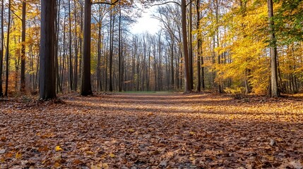 Tranquil autumn scenery with golden leaves under tall trees in a peaceful forest environment : Generative AI