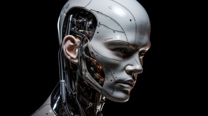 Humanoid robot with a sleek, white metallic face and an exposed, intricate network of wires against a black background