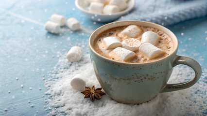 A cup of hot coffee latte or cocoa with marshmallows on a blue snowy background.