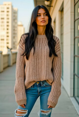 Fototapeta premium A woman is wearing a white sweater and blue jeans