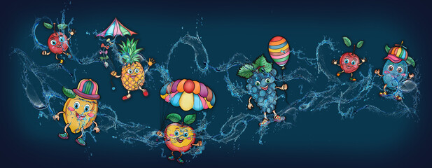 Cartoon cute fruits in water, banner, poster lemon, watermelon, apple, pineapple, orange