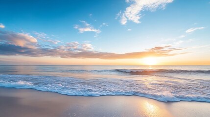 Obraz premium Stunning sunset over the ocean with gentle waves and vibrant colors illuminating the sky : Generative AI