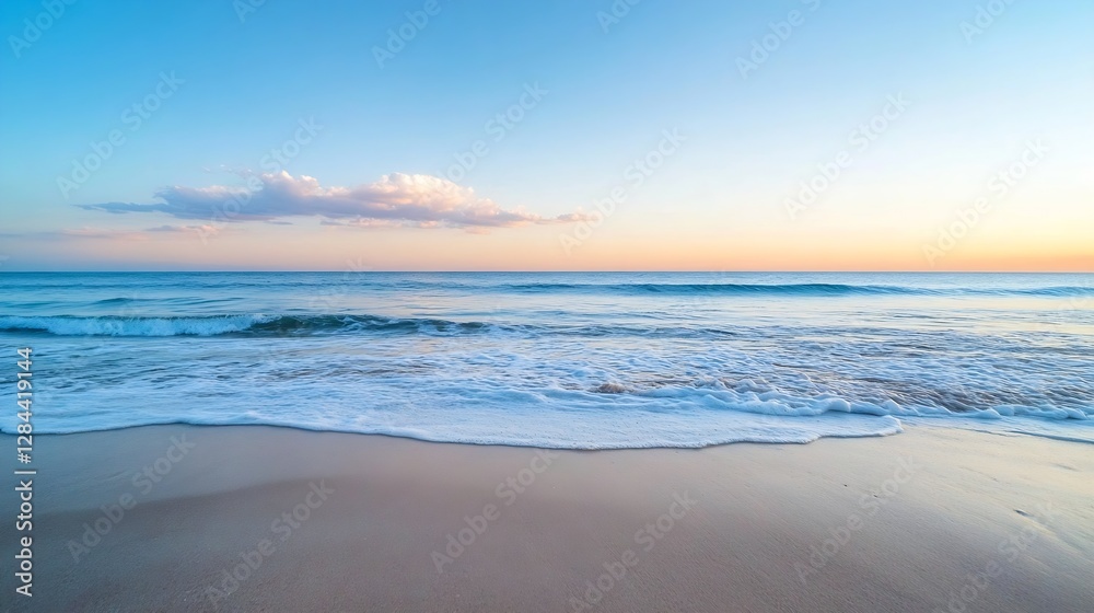 Poster tranquil ocean view at sunset with gentle waves and soft clouds reflecting golden light : generative