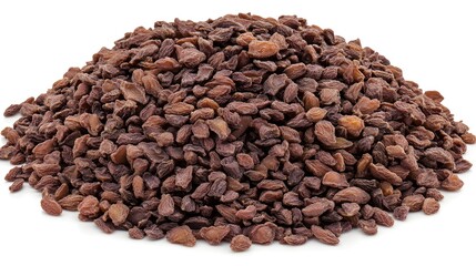 Close-up View of a Pile of Plump, Dark Brown Raisins on a Soft White Background