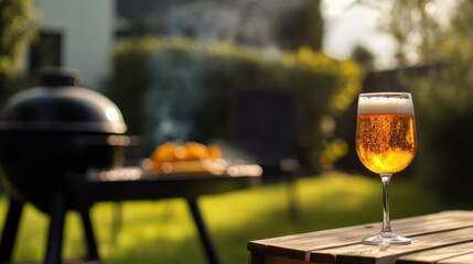 Moderate drinking with a glass of pale ale at an outdoor BBQ. Featuring enjoyment and balance