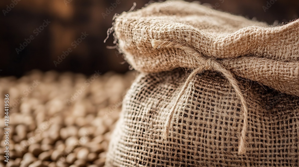 Poster natural burlap sack filled with coffee beans placed on a rustic wooden surface in warm lighting : ge