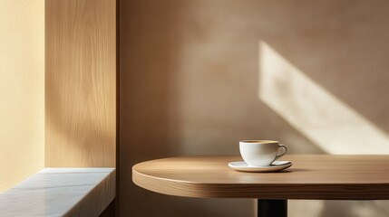 Morning light on coffee cup in minimalist cafe setting
