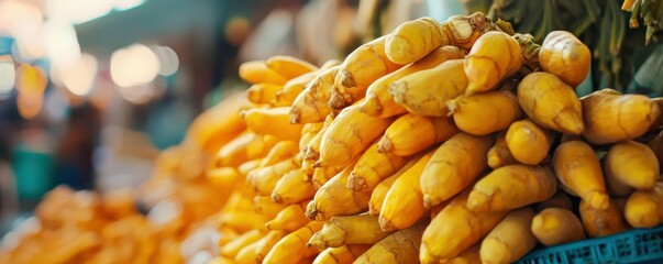 Organic yellow bananas piled in vibrant market display