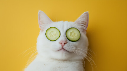 Pampered Paws: A relaxed white cat with cucumber slices over its eyes on vibrant yellow backdrop, embodying the essence of relaxation and spa day indulgence.