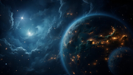 Obraz premium Mysterious Dark Planet with City Lights Amidst Blue Nebula Clouds
