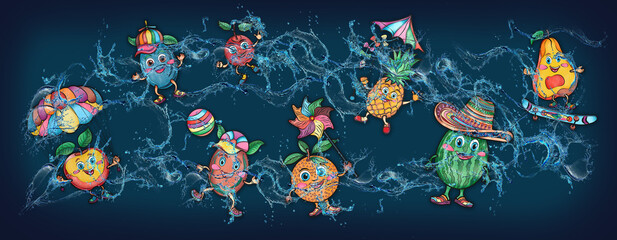 Cartoon cute fruits in water, banner, poster lemon, watermelon, cherry, grape, orange