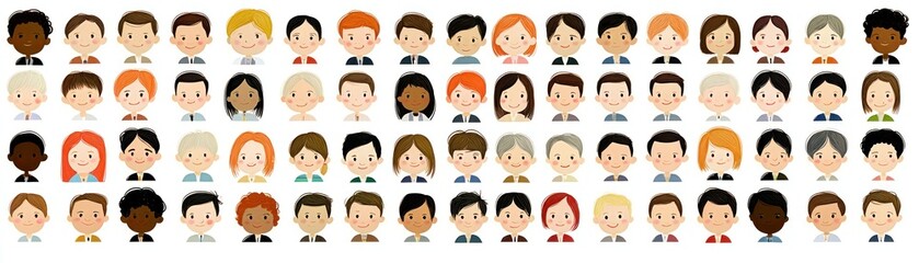 Diverse cartoon people faces, various ethnicities
