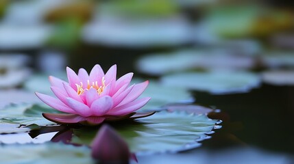 Beautiful pink water lily blooming gracefully on calm water surface surrounded by lily pads : Generative AI