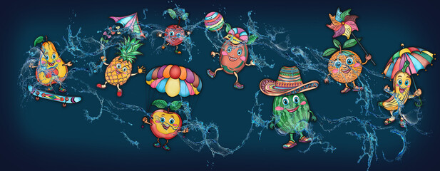 Cartoon cute fruits in water, banner, poster lemon, watermelon, orange, cherry, grapes