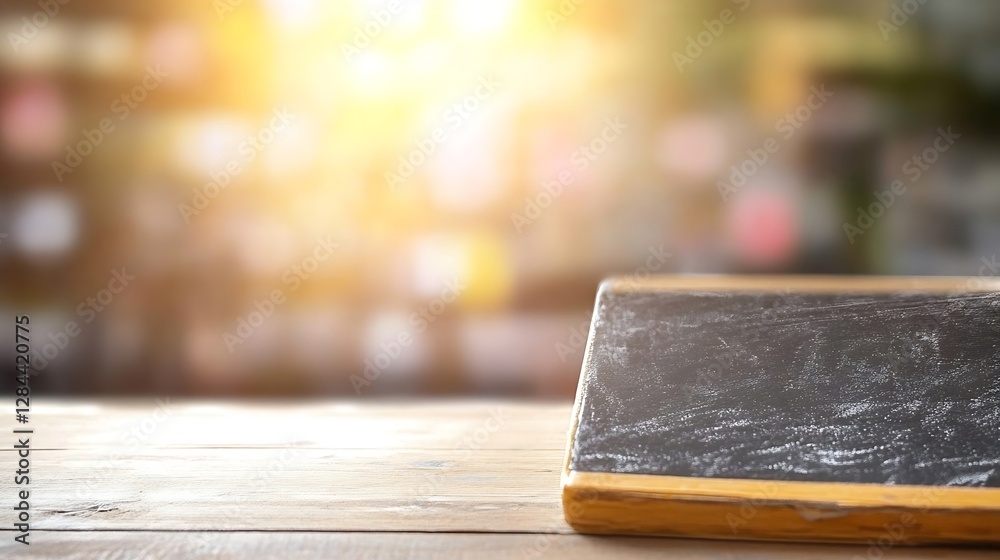 Aufkleber Close up of a chalkboard lying on a wooden table illuminated by soft background light : Generative AI