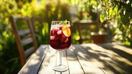Moderate drinking with a glass of sangria at a sunlit garden terrace. Featuring relaxation and balance