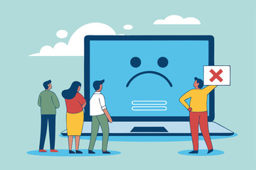 Computer outage, error or failure causing by software update mistake, operating system crash or cyber attack, server down or technical issue concept, people victims looking at computer laptop