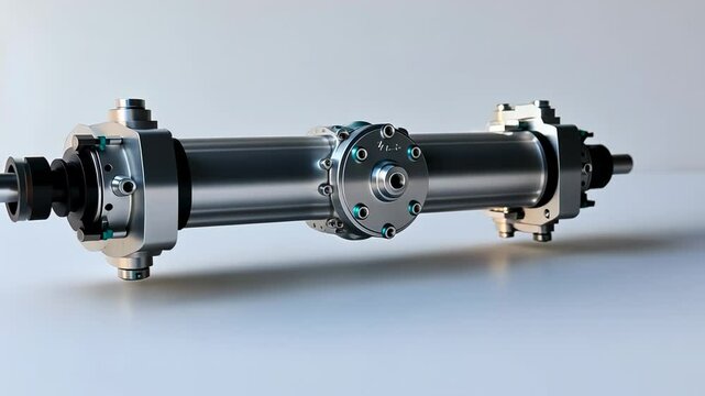 Industrial pneumatic cylinder on a neutral background, showcasing its design and functionality