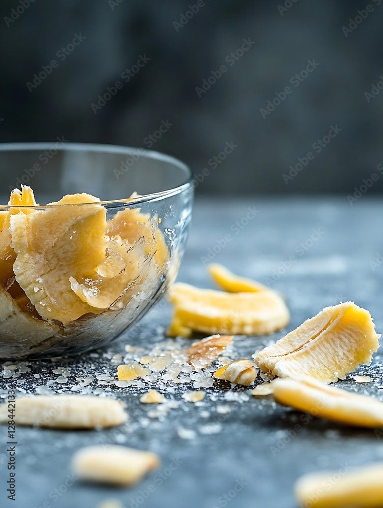 Poster dehydrated banana chips in a glass bowl with scattered pieces on a textured background for healthy s